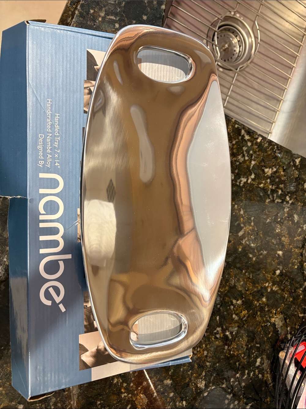 Nambe Polished Aluminum Handled Tray in Silver
